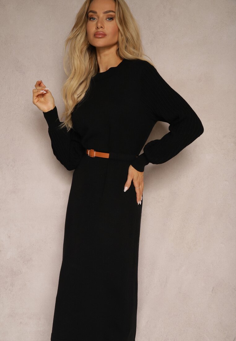 unigirl Rochie Neagră cu adaos de Vâscoză cu curea și mâneci decorative Daiviane