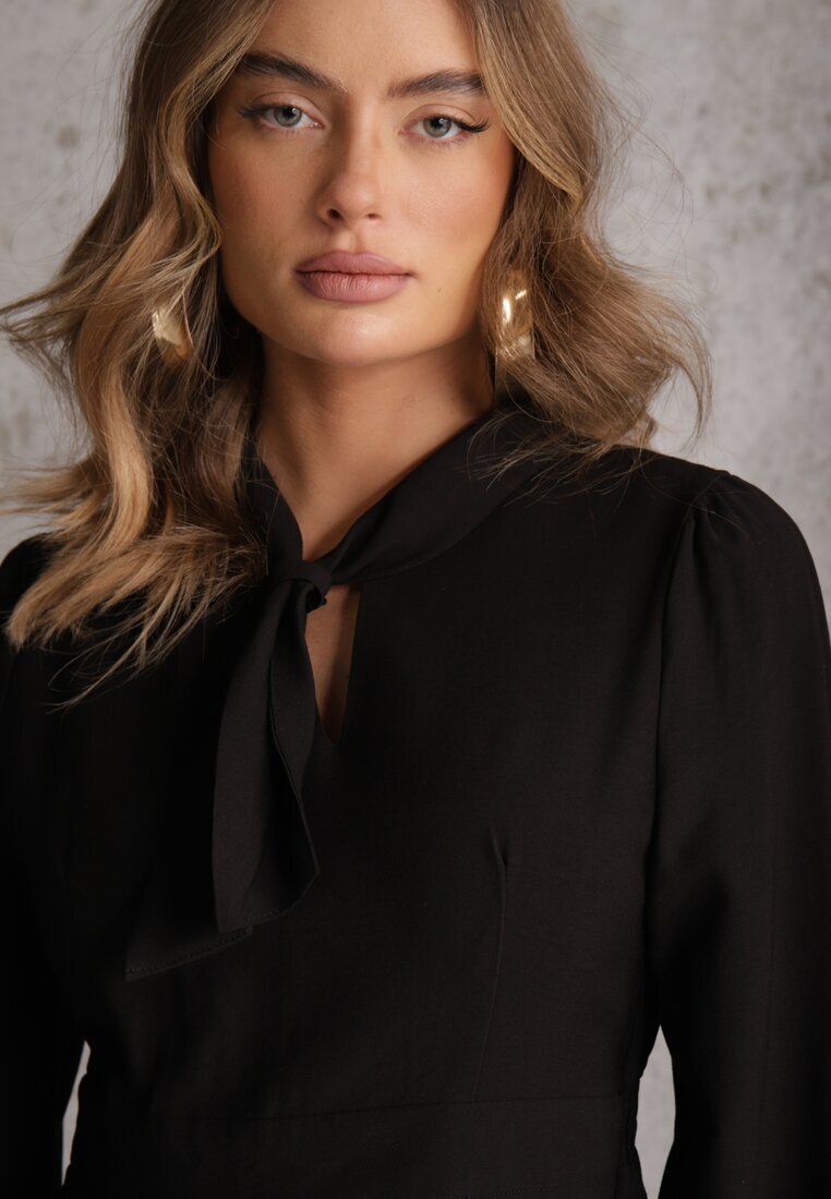 unigirl Rochie Neagră Plisată din Viscoză Decorată cu Fundă Farrive