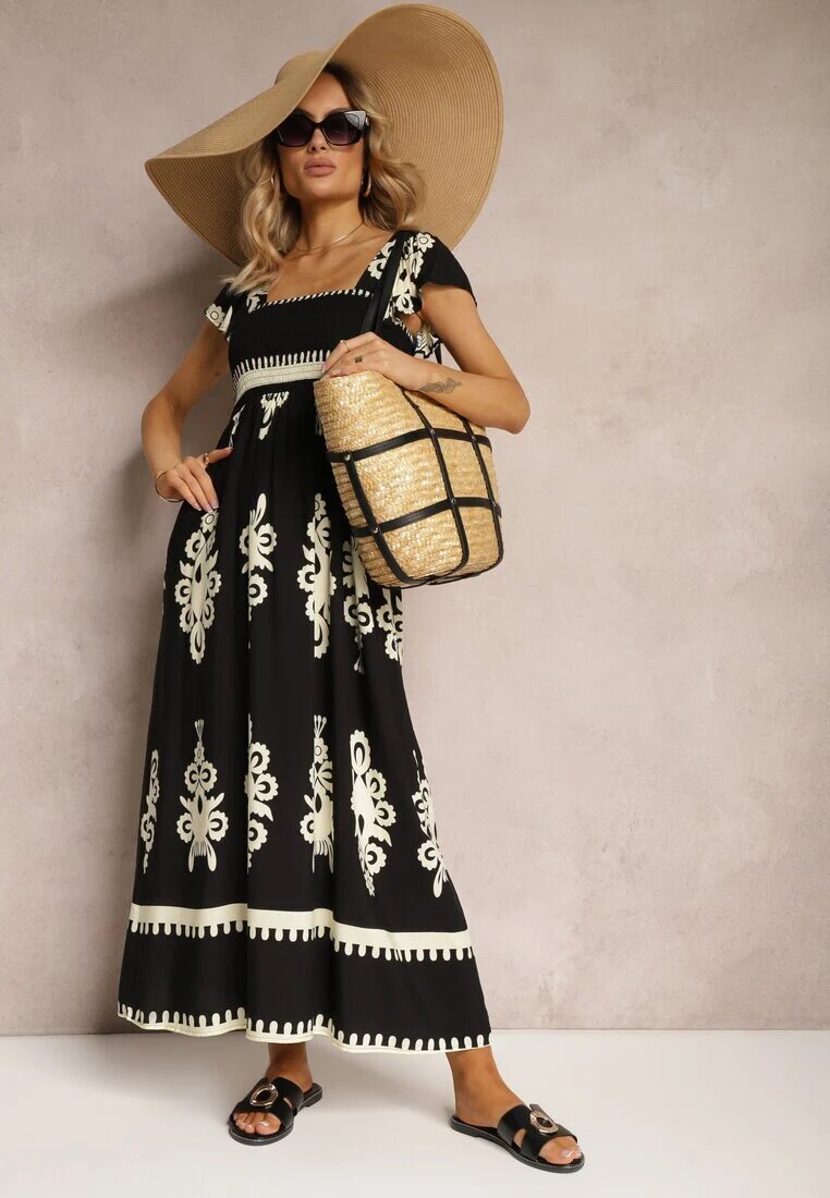 unigirl Rochie Neagră Vâscoză Boho cu Volane și Elastic în Talie cu Bretele Late Dreria