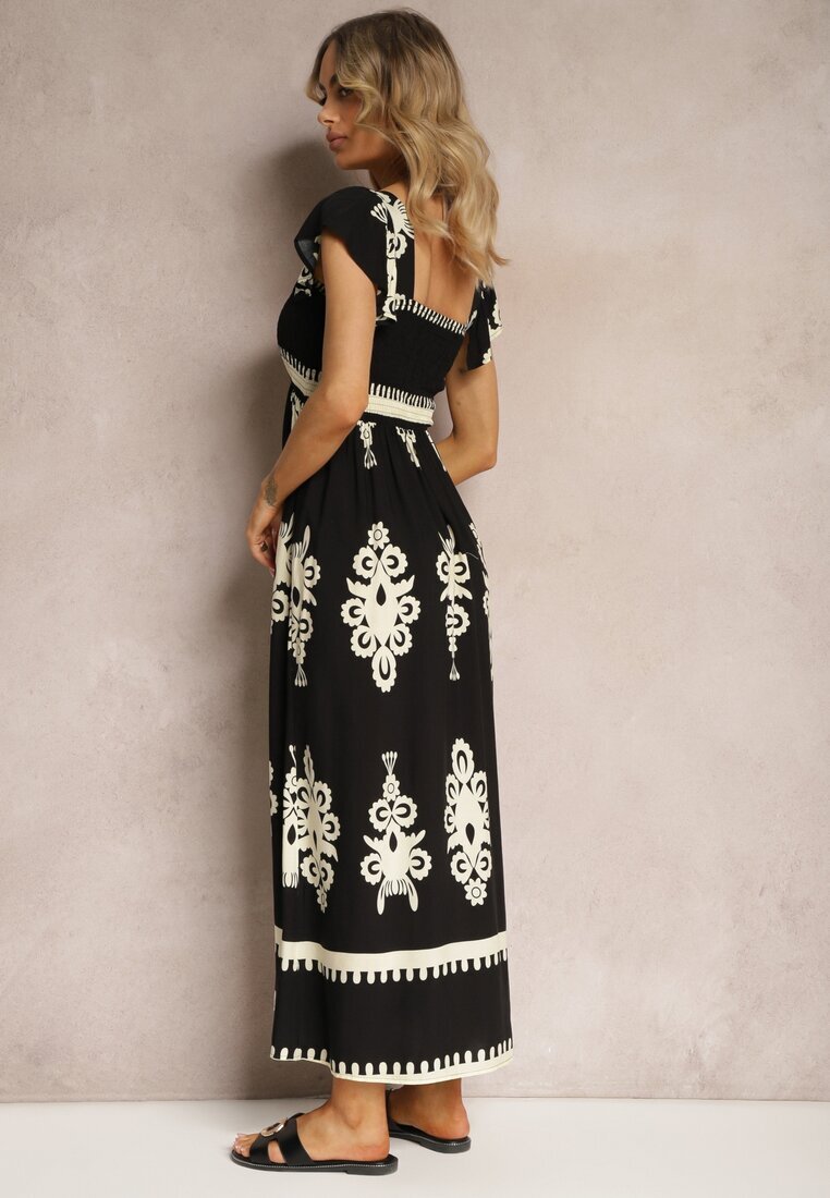 unigirl Rochie Neagră Vâscoză Boho cu Volane și Elastic în Talie cu Bretele Late Dreria