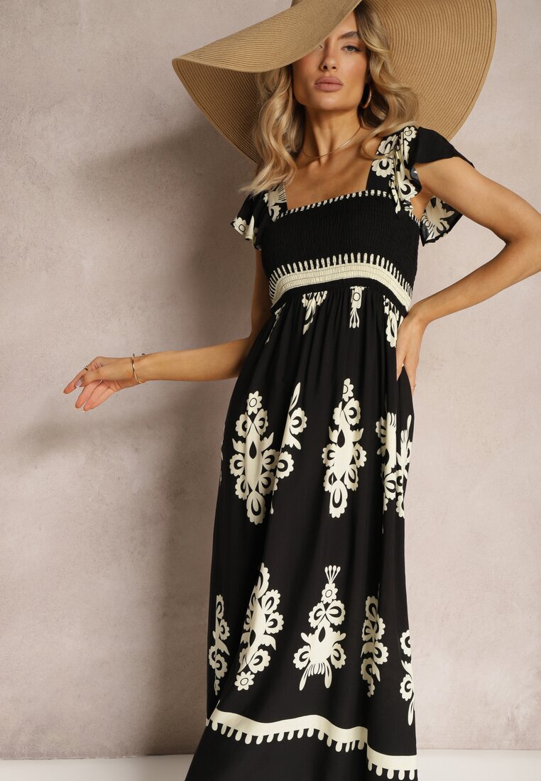 unigirl Rochie Neagră Vâscoză Boho cu Volane și Elastic în Talie cu Bretele Late Dreria
