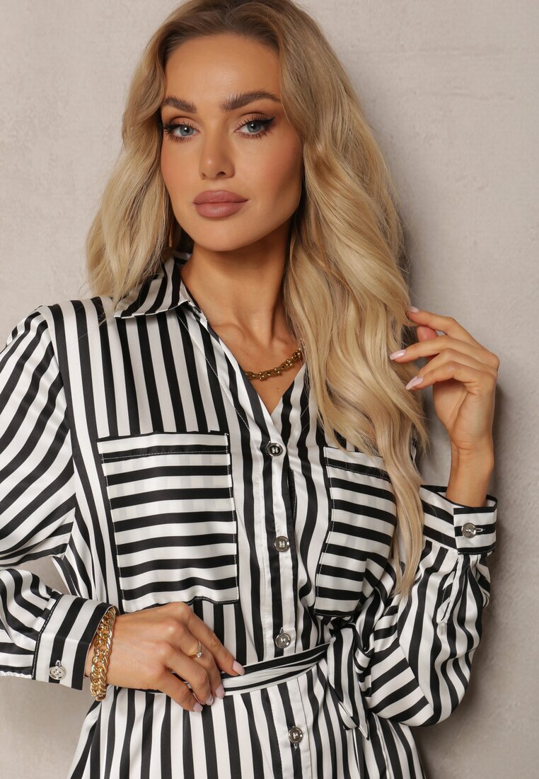 unigirl Rochie Negru-Alb tip cămașă Lungă Cu dungi Cu curea textilă Jasilia