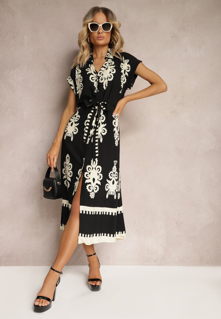 unigirl Rochie Negru-Bej Boho Evazată cu Cordon din Material și Nasturi Jori
