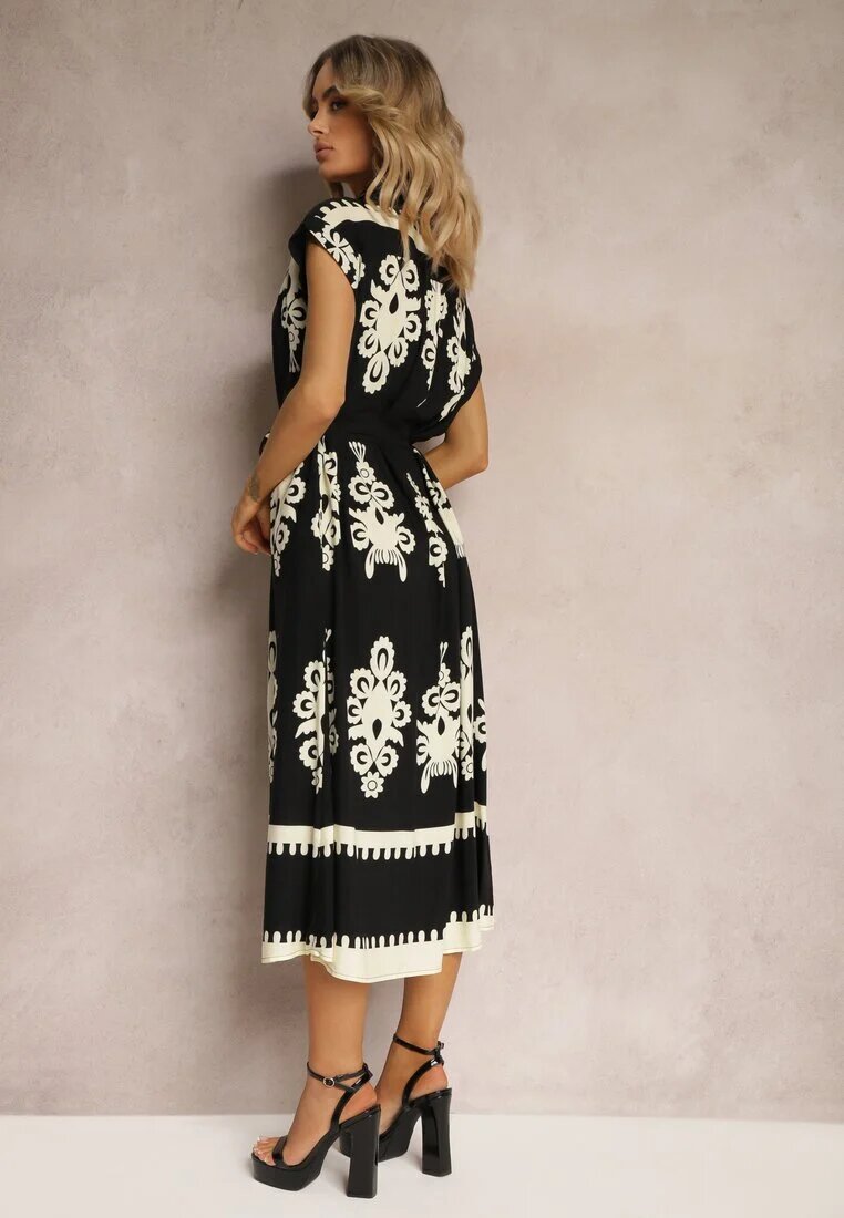 unigirl Rochie Negru-Bej Boho Evazată cu Cordon din Material și Nasturi Jori