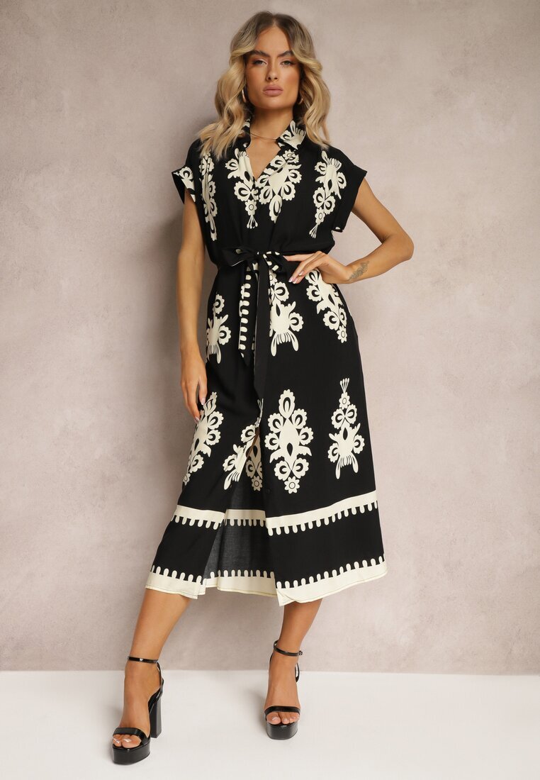 unigirl Rochie Negru-Bej Boho Evazată cu Cordon din Material și Nasturi Jori