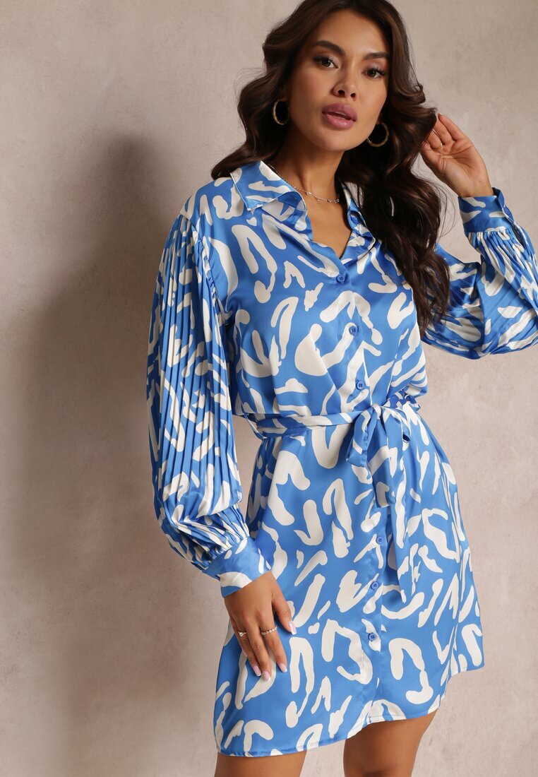 unigirl Rochie tip cămașă Albastră cu Inserții Plisate și Curea din Material Lizza