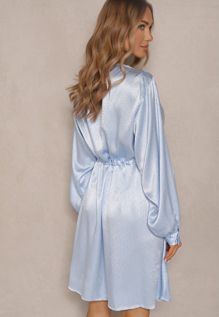unigirl Rochie tip cămașă Albastră din Satin Decorată cu Zirconii și Curea Miledis