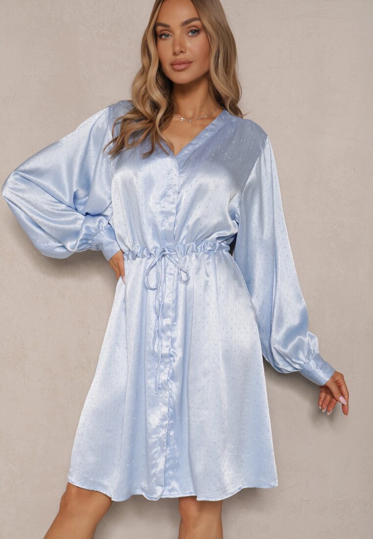 unigirl Rochie tip cămașă Albastră din Satin Decorată cu Zirconii și Curea Miledis