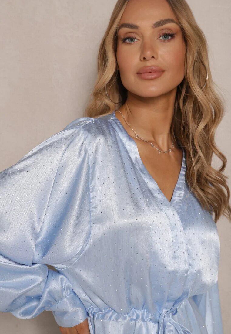 unigirl Rochie tip cămașă Albastră din Satin Decorată cu Zirconii și Curea Miledis