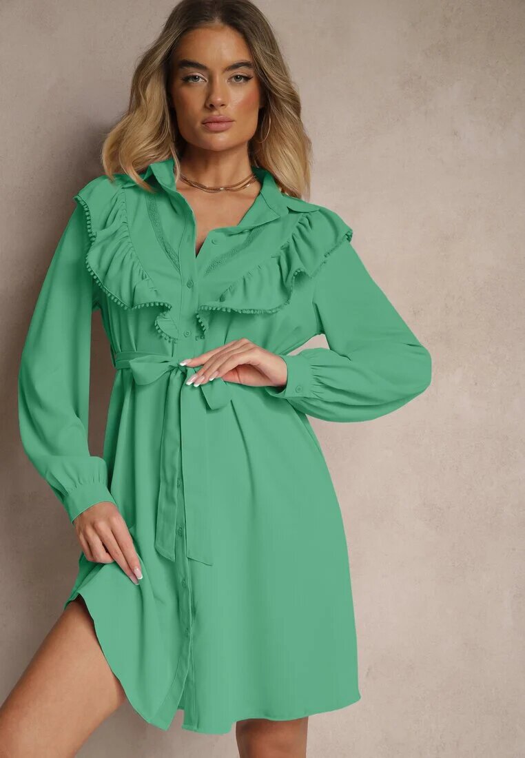 unigirl Rochie tip cămașă Evazată Verde închis cu volane și dantelă Naik