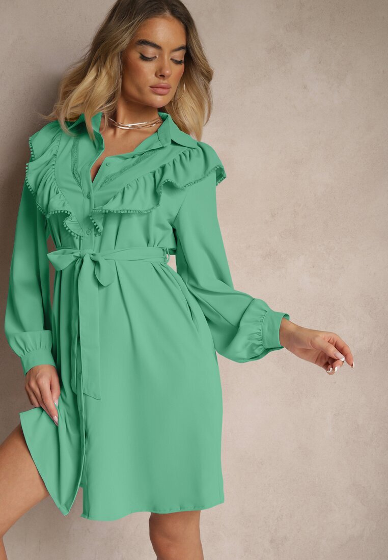 unigirl Rochie tip cămașă Evazată Verde închis cu volane și dantelă Naik