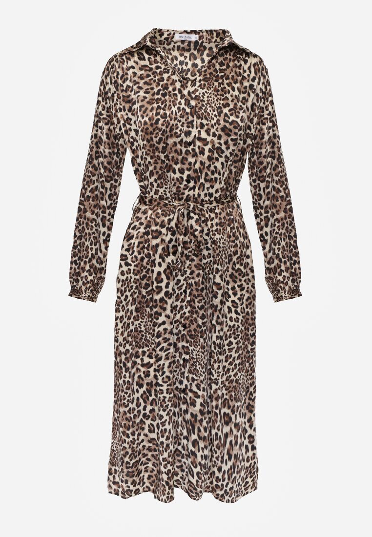 unigirl Rochie tip cămașă Maro cu imprimeu leopard cu cordon Ramalli