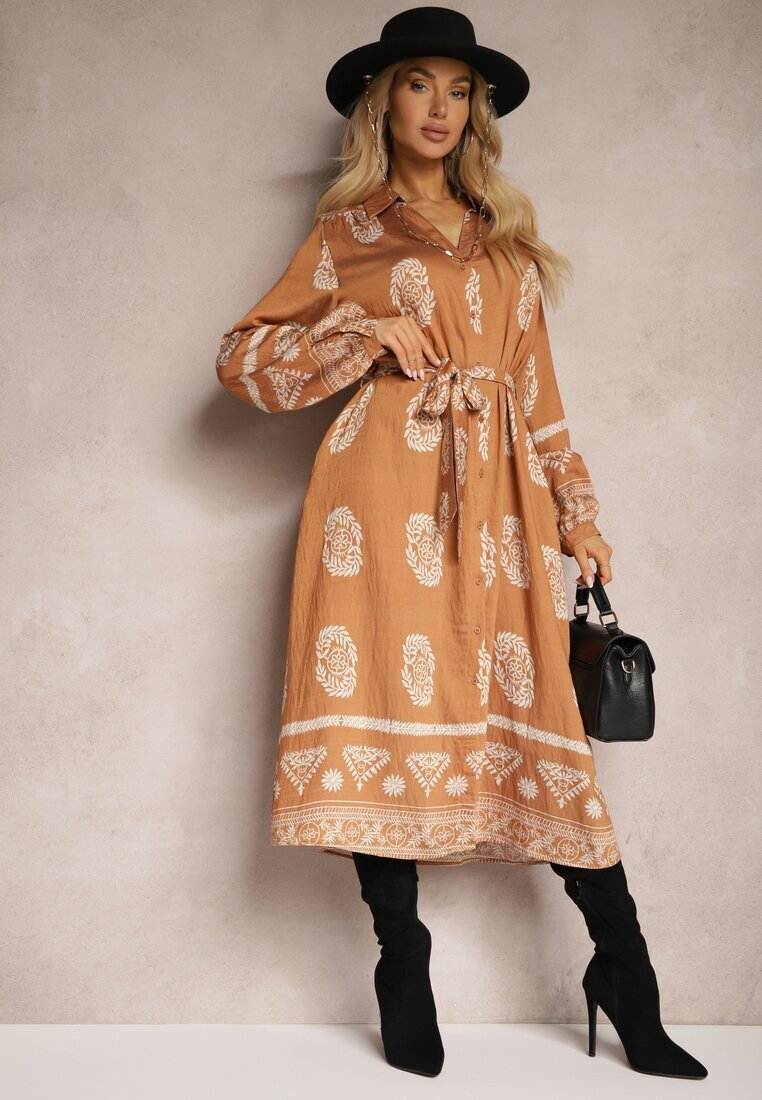 unigirl Rochie tip cămașă Maro deschis Legată în talie în stil Boho Rorisha