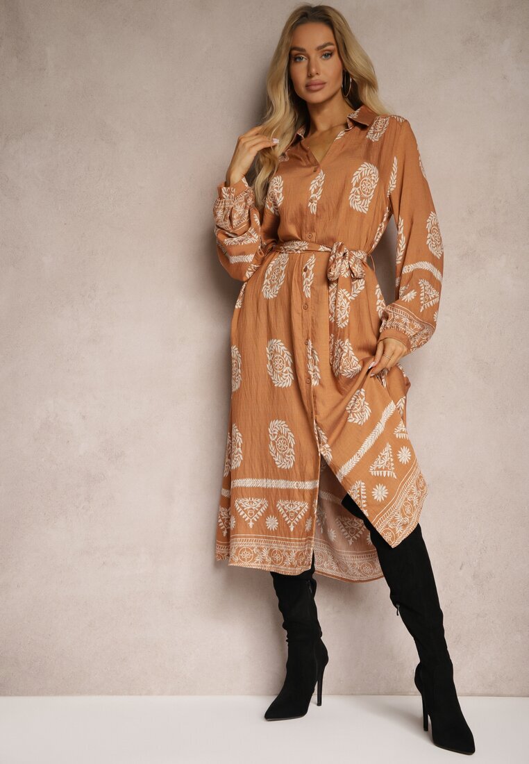 unigirl Rochie tip cămașă Maro deschis Legată în talie în stil Boho Rorisha