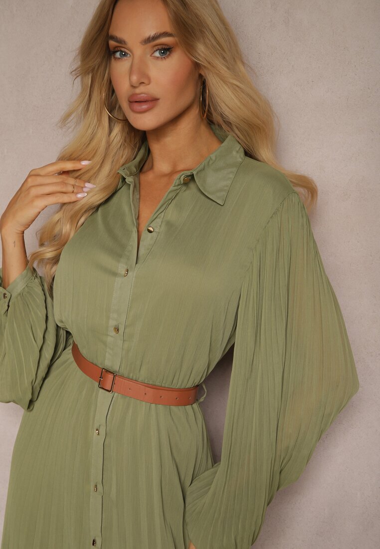 unigirl Rochie tip cămașă Verde cu Pliuri și Curea Suplimentară Miarosea