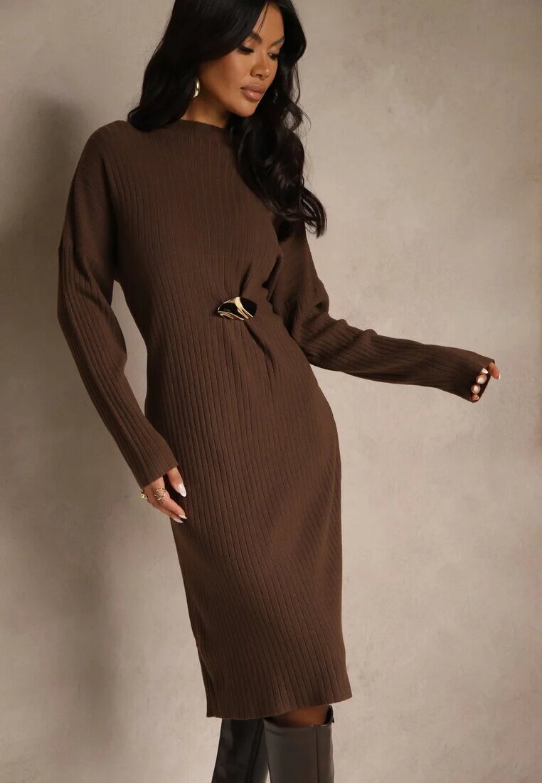 unigirl Rochie tricotată Maro cu Viscoză Decorată cu Broșă Metalică Titavea