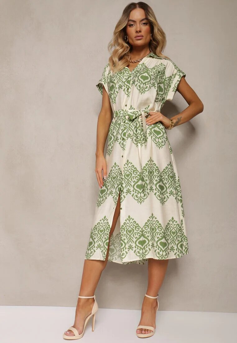 unigirl Rochie Verde-Bej Boho cu nasturi cu viscoză Decorată cu curea Mosofia