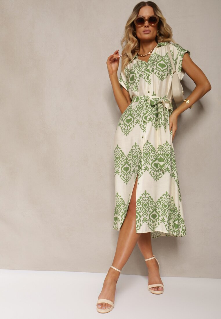 unigirl Rochie Verde-Bej Boho cu nasturi cu viscoză Decorată cu curea Mosofia
