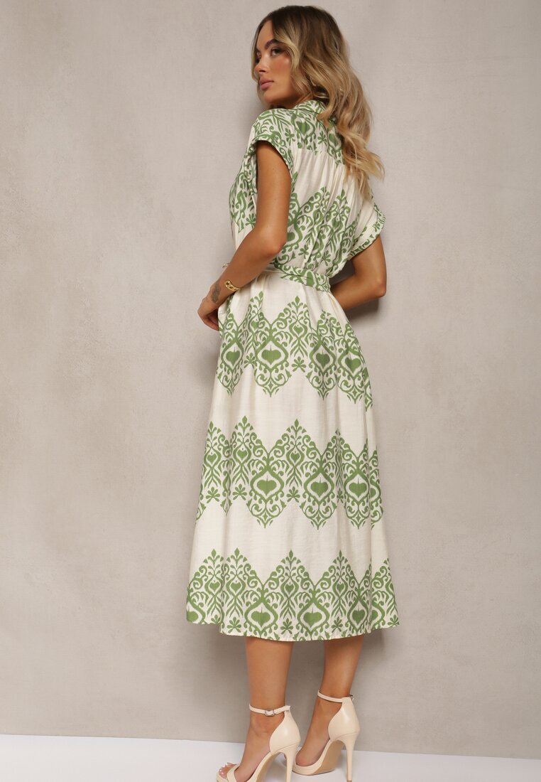 unigirl Rochie Verde-Bej Boho cu nasturi cu viscoză Decorată cu curea Mosofia