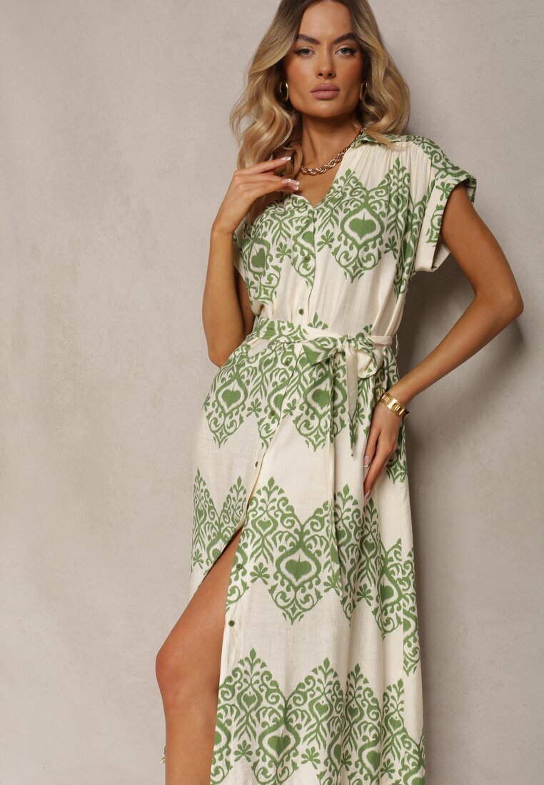 unigirl Rochie Verde-Bej Boho cu nasturi cu viscoză Decorată cu curea Mosofia