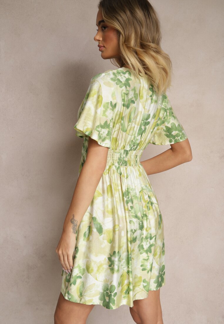 unigirl Rochie verde cloș din viscoză florală cu decolteu petrecut Zeledia
