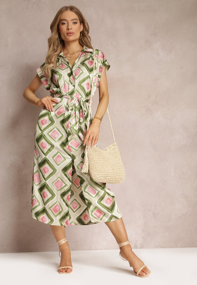 unigirl Rochie Verde cu Model Midi în stil cămașă cu curea din material Emelitta