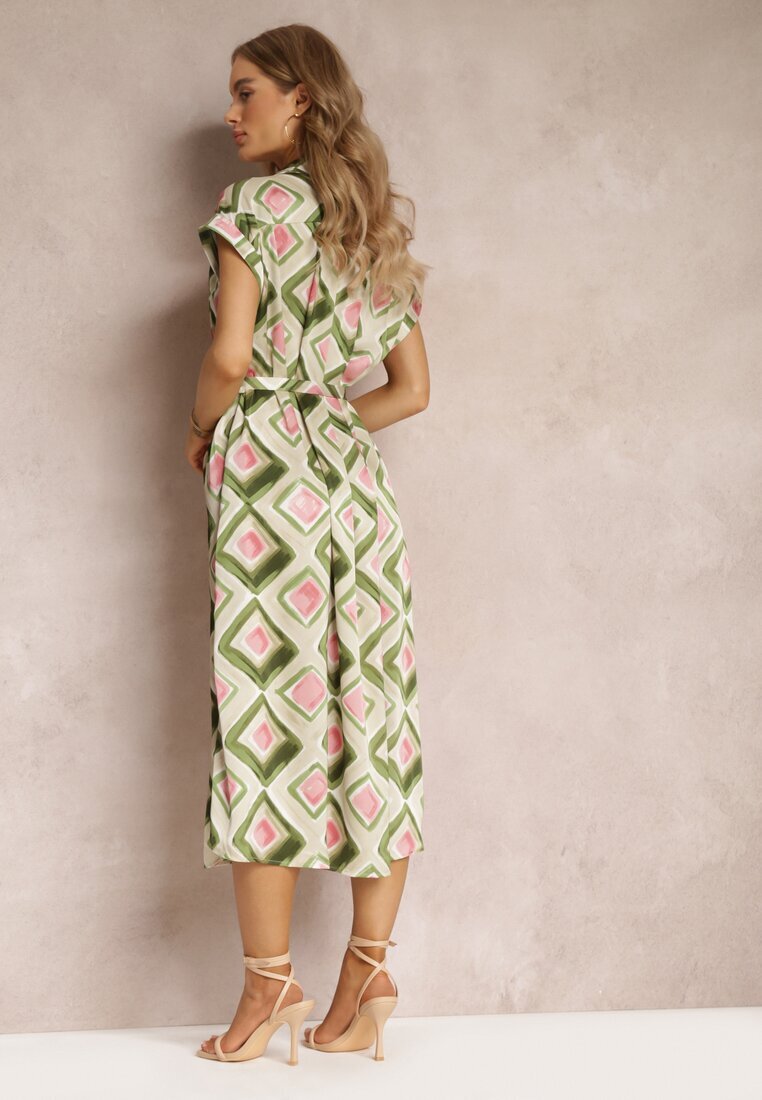 unigirl Rochie Verde cu Model Midi în stil cămașă cu curea din material Emelitta