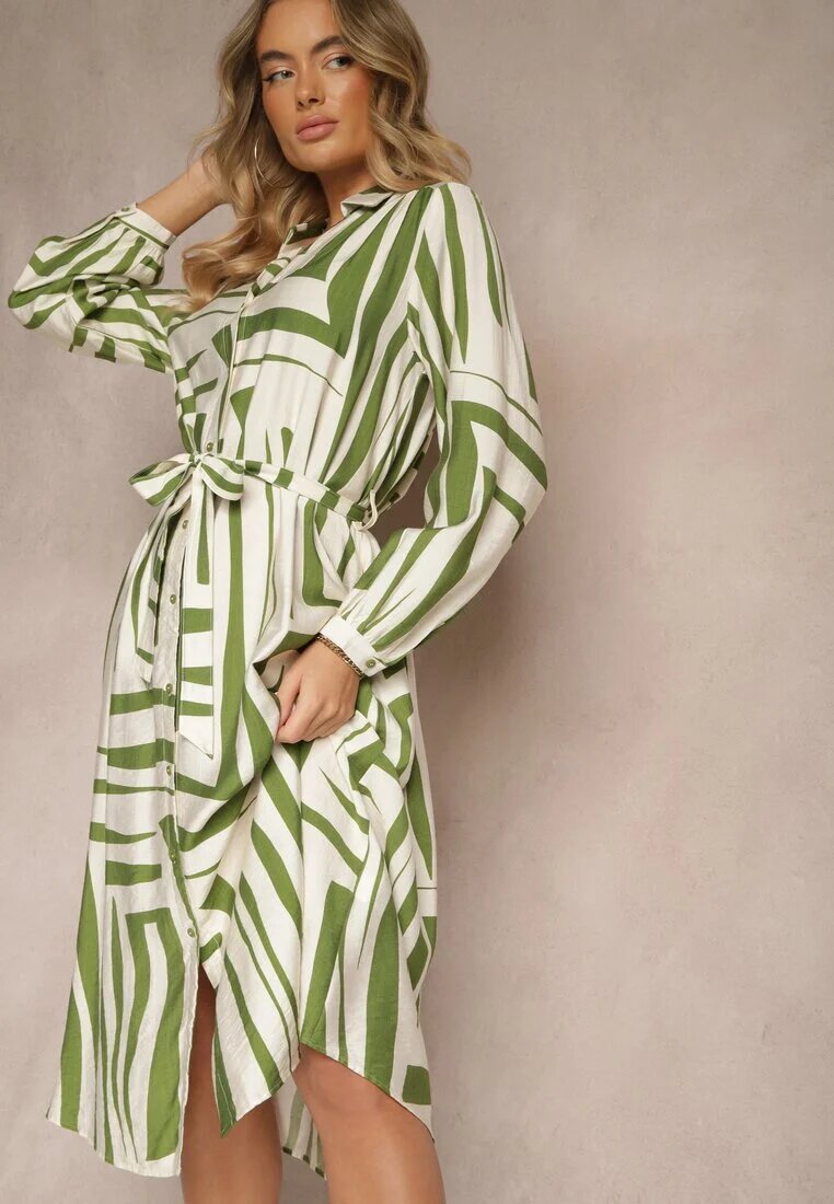 unigirl Rochie Verde din Viscoză cu croială tip cămașă cu imprimeu geometric Ninatria