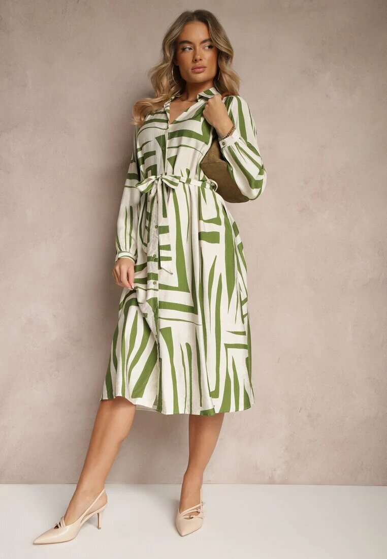 unigirl Rochie Verde din Viscoză cu croială tip cămașă cu imprimeu geometric Ninatria