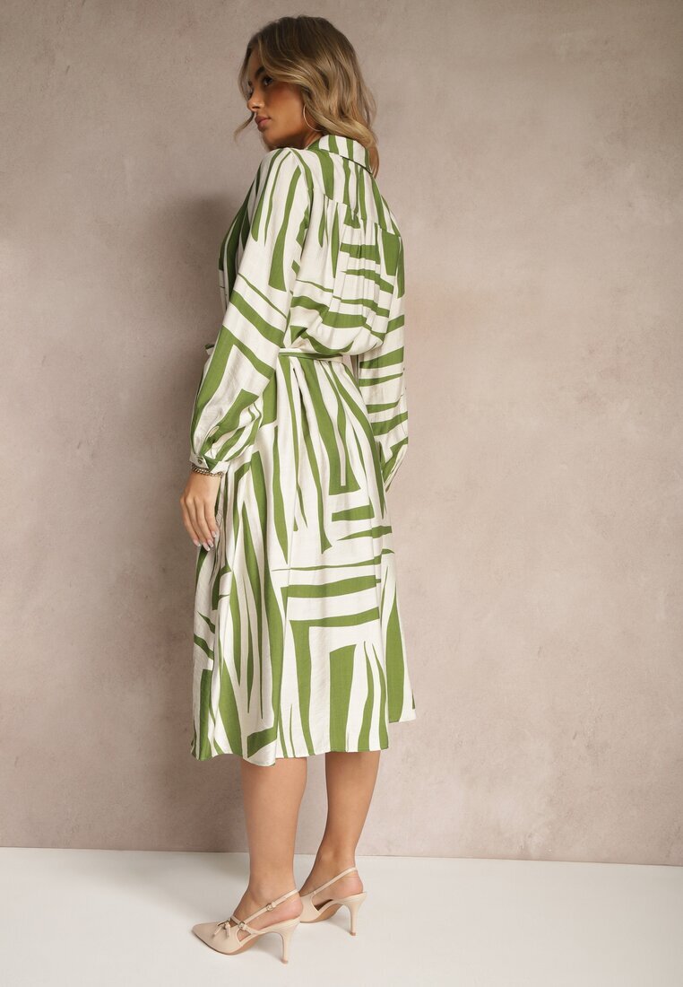 unigirl Rochie Verde din Viscoză cu croială tip cămașă cu imprimeu geometric Ninatria