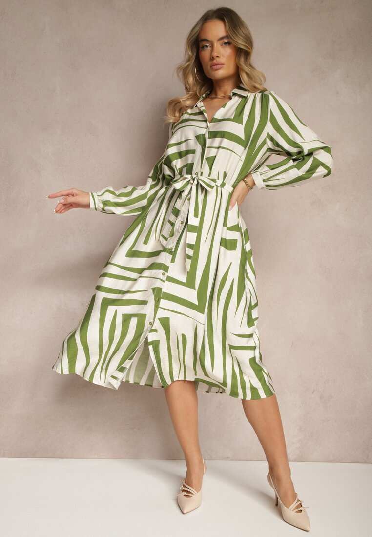 unigirl Rochie Verde din Viscoză cu croială tip cămașă cu imprimeu geometric Ninatria