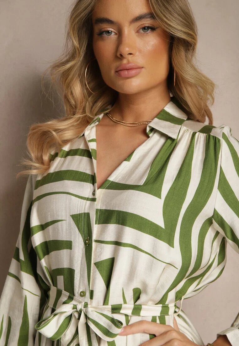 unigirl Rochie Verde din Viscoză cu croială tip cămașă cu imprimeu geometric Ninatria
