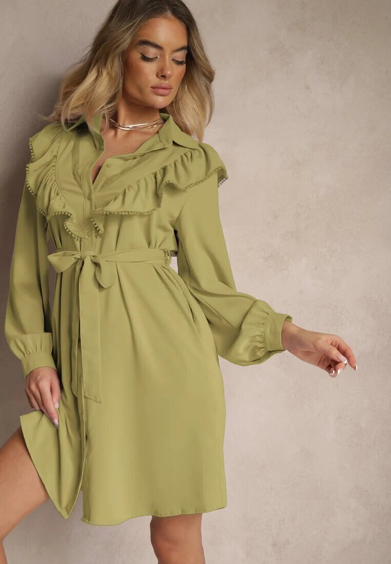 unigirl Rochie Verde Evazată Tip cămașă cu Volane și Dantelă Naik