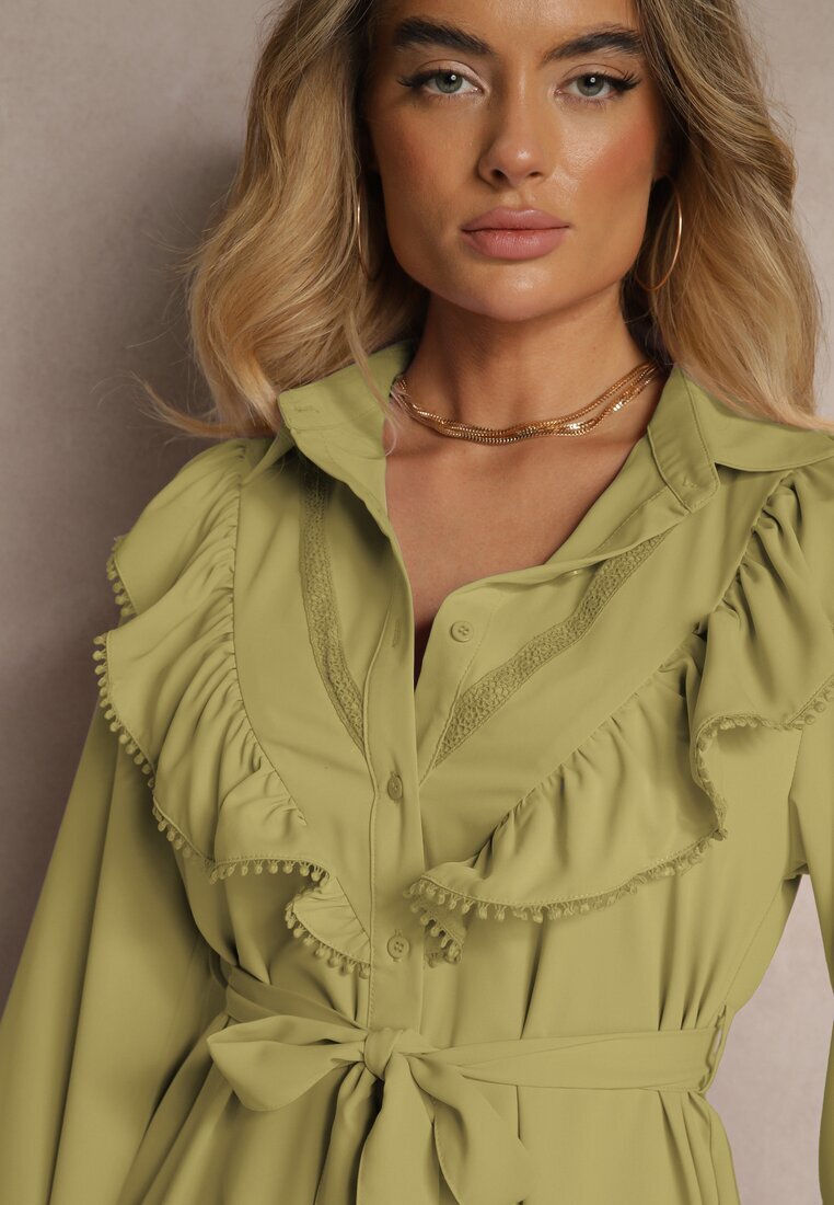 unigirl Rochie Verde Evazată Tip cămașă cu Volane și Dantelă Naik