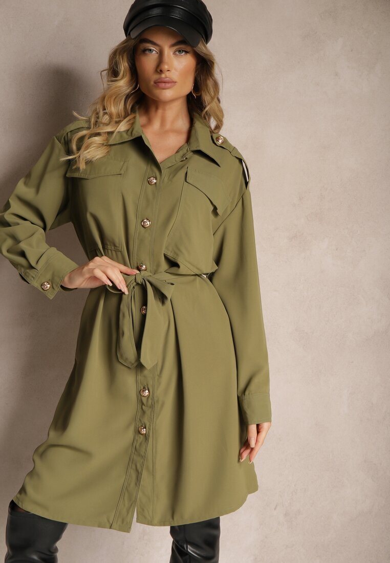 unigirl Rochie Verde în Stil Cămașă cu Curea și Nasturi Eleganți Torlina