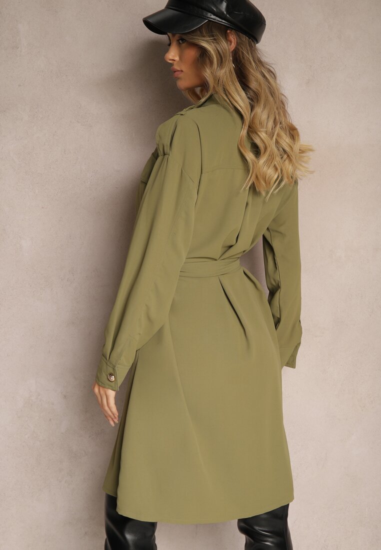 unigirl Rochie Verde în Stil Cămașă cu Curea și Nasturi Eleganți Torlina