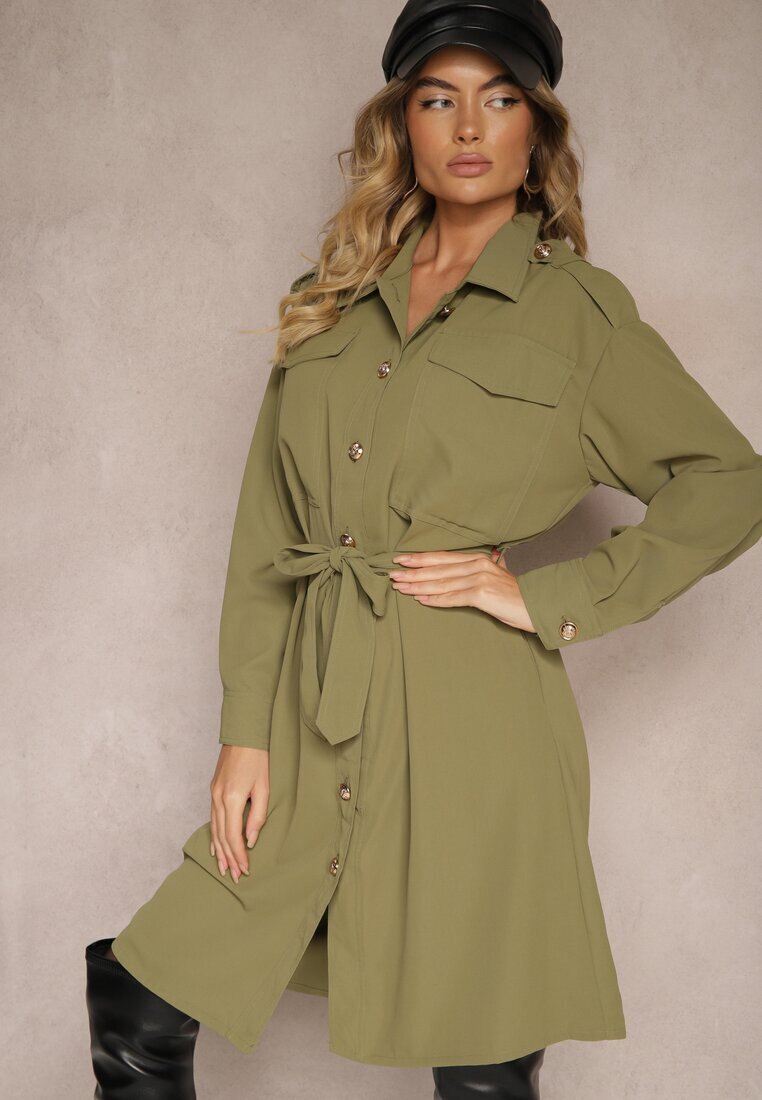 unigirl Rochie Verde în Stil Cămașă cu Curea și Nasturi Eleganți Torlina