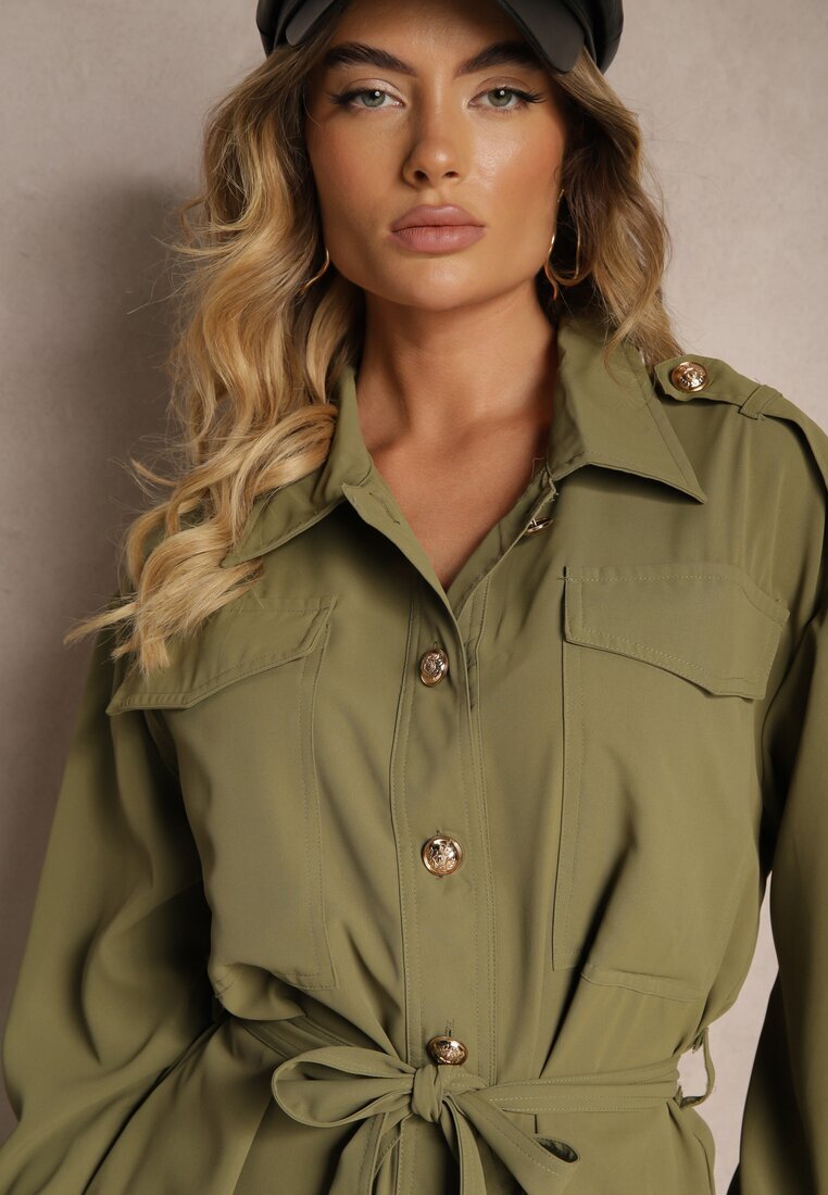 unigirl Rochie Verde în Stil Cămașă cu Curea și Nasturi Eleganți Torlina