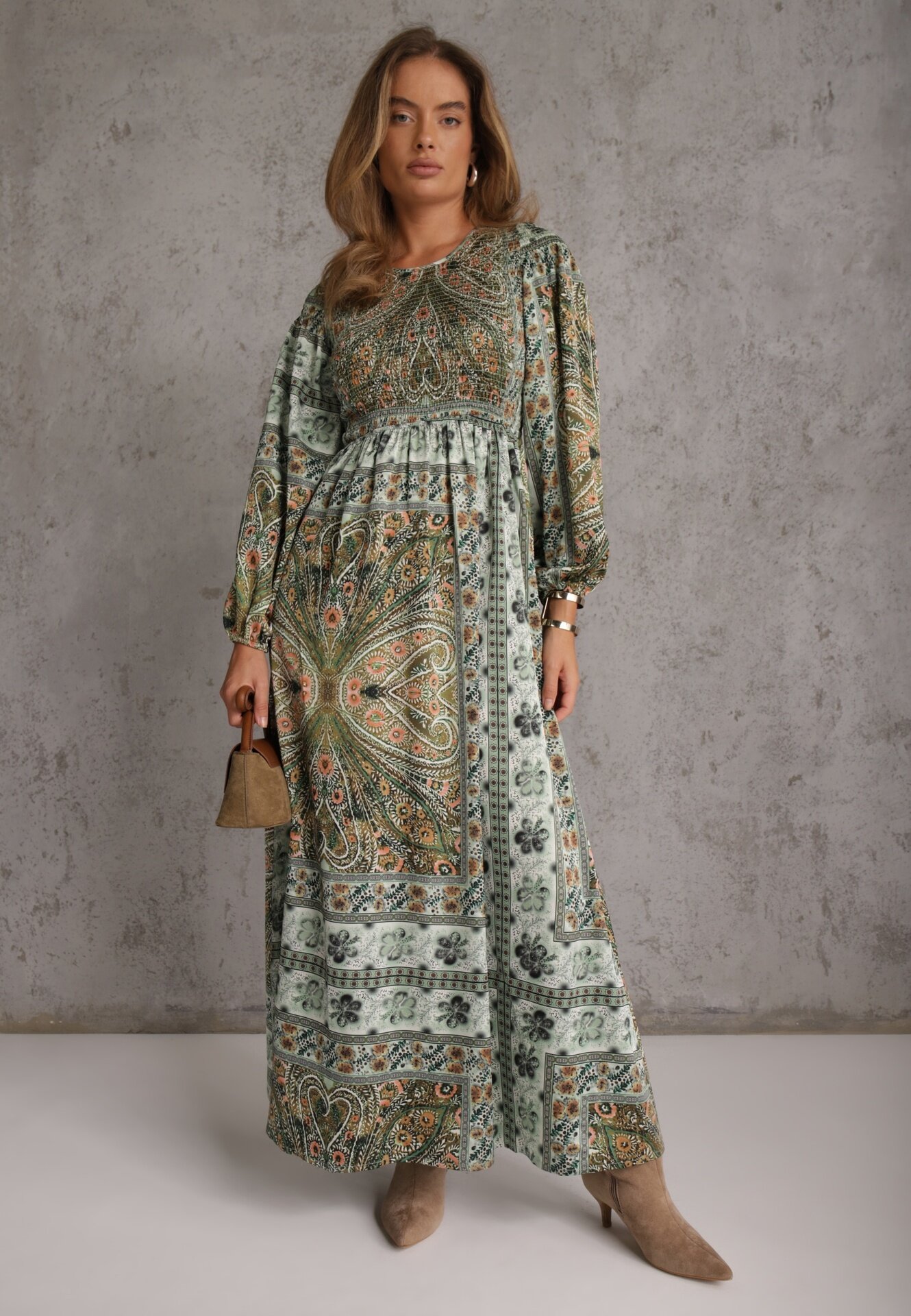 unigirl Rochie Verde Maxi Boho cu Mânecă Bufantă și Tiv Cloș Veltiana