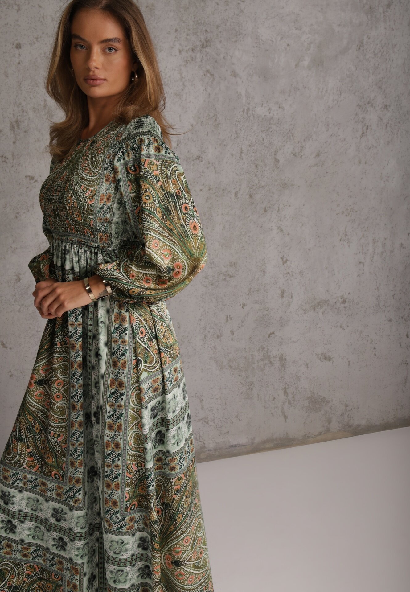 unigirl Rochie Verde Maxi Boho cu Mânecă Bufantă și Tiv Cloș Veltiana
