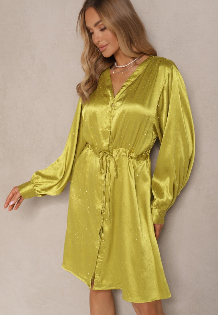 unigirl Rochie Verde Tip cămașă din satin Decorată cu zirconii și curea Miledis