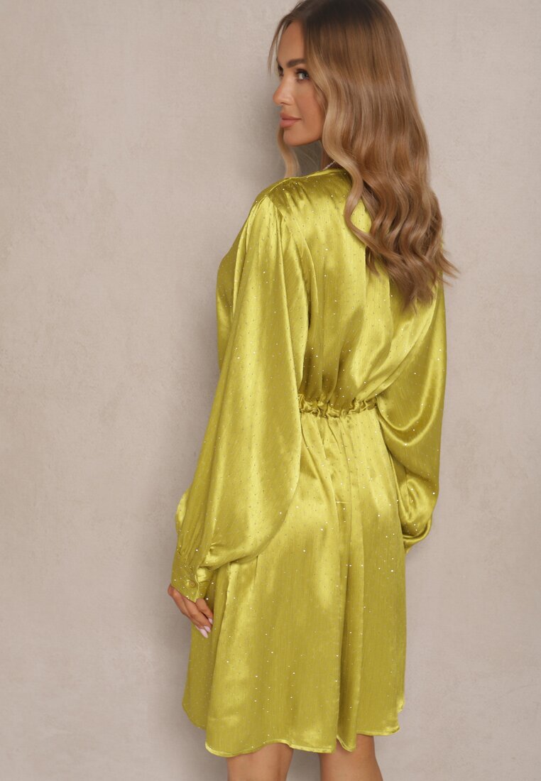 unigirl Rochie Verde Tip cămașă din satin Decorată cu zirconii și curea Miledis