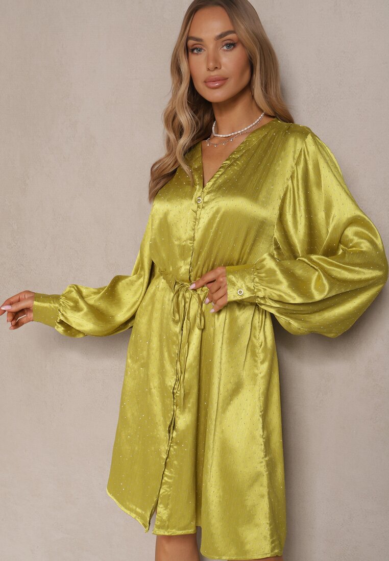 unigirl Rochie Verde Tip cămașă din satin Decorată cu zirconii și curea Miledis