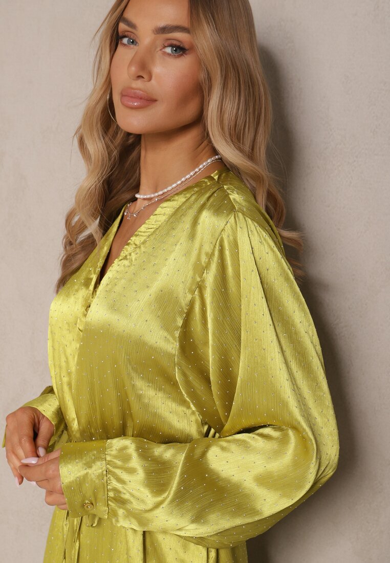 unigirl Rochie Verde Tip cămașă din satin Decorată cu zirconii și curea Miledis