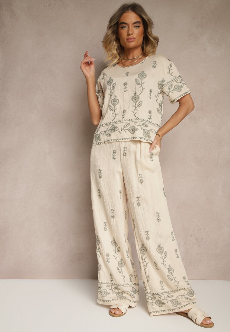 unigirl Set Bej din viscoză cu Broderie Decorativă Bluză și Pantaloni cu Croială Largă Tealenea