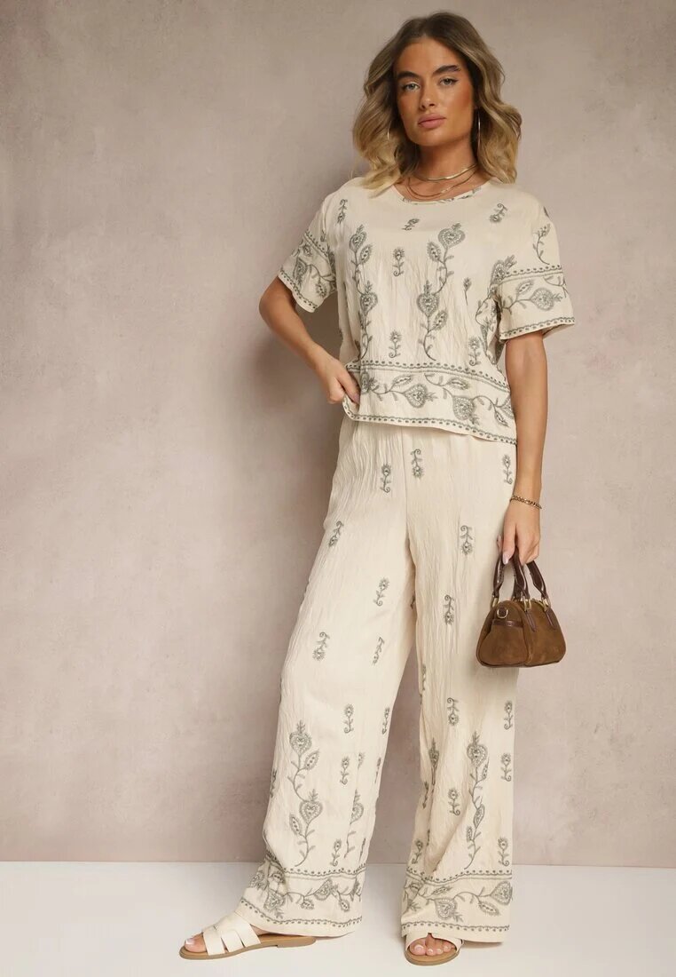 unigirl Set Bej din viscoză cu Broderie Decorativă Bluză și Pantaloni cu Croială Largă Tealenea