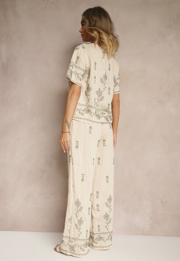 unigirl Set Bej din viscoză cu Broderie Decorativă Bluză și Pantaloni cu Croială Largă Tealenea
