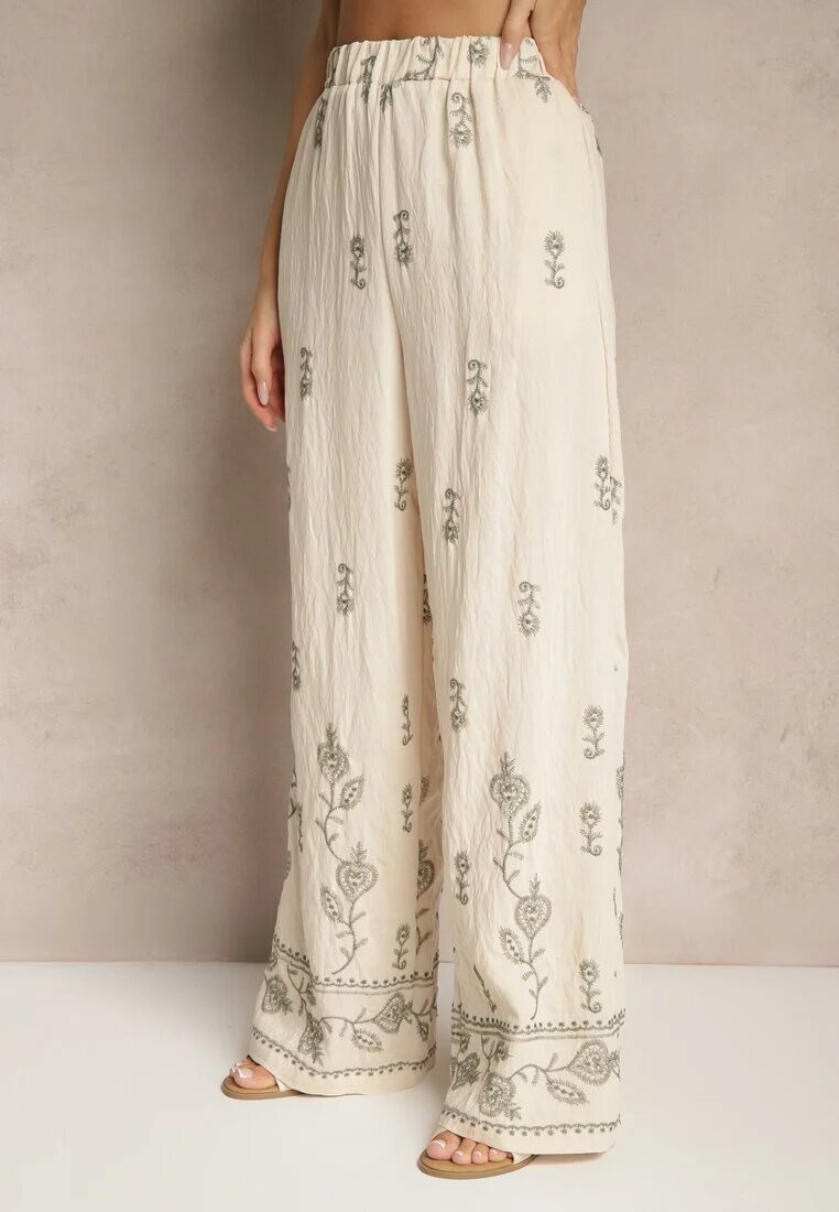 unigirl Set Bej din viscoză cu Broderie Decorativă Bluză și Pantaloni cu Croială Largă Tealenea