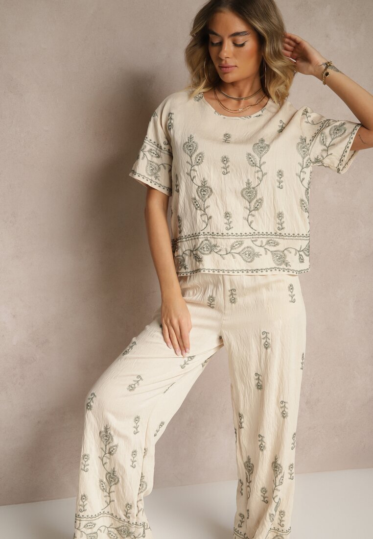 unigirl Set Bej din viscoză cu Broderie Decorativă Bluză și Pantaloni cu Croială Largă Tealenea