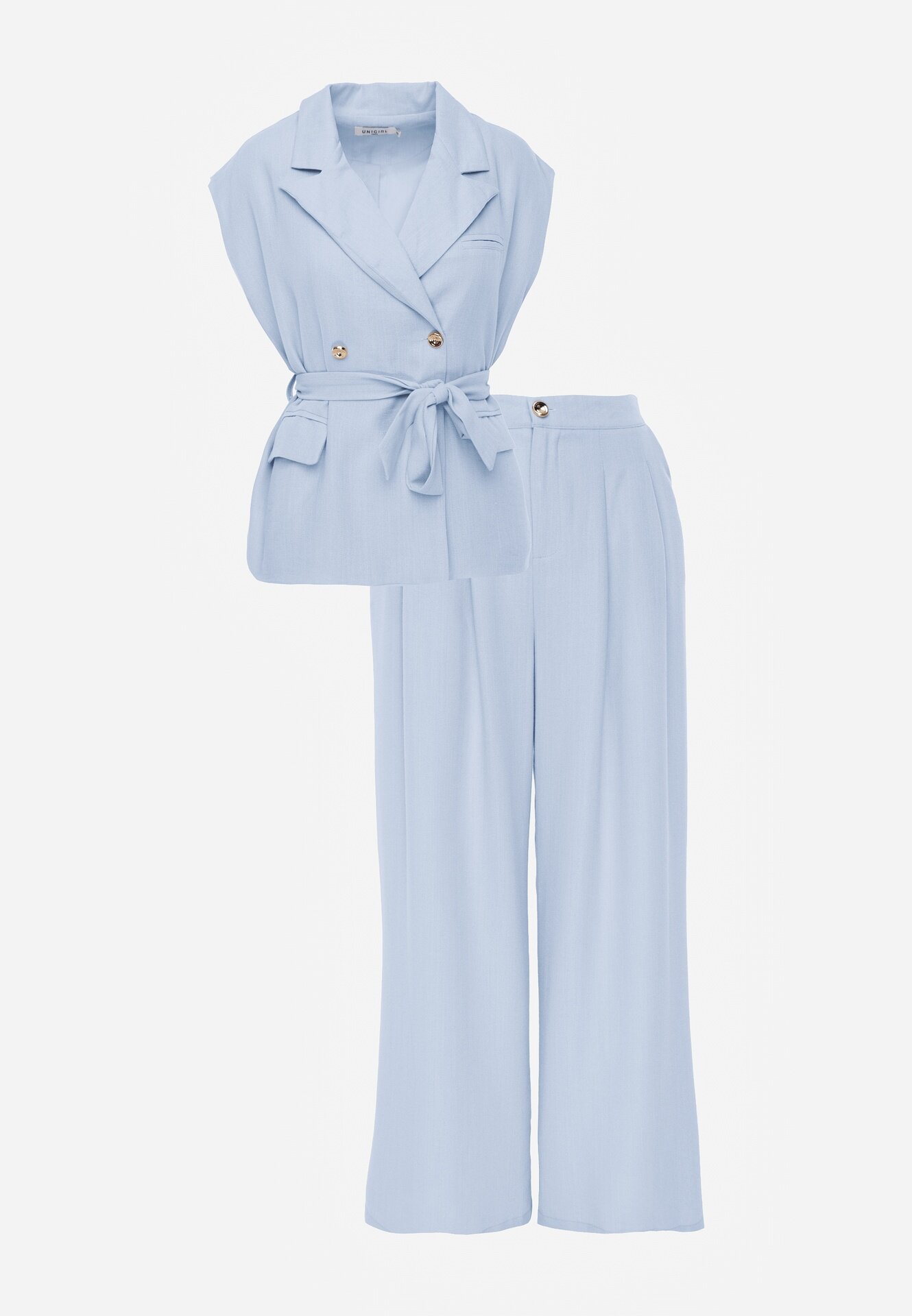 unigirl Set costum albastru din viscoză Pantaloni Wide Leg și Vestă cu curea Elyenryl